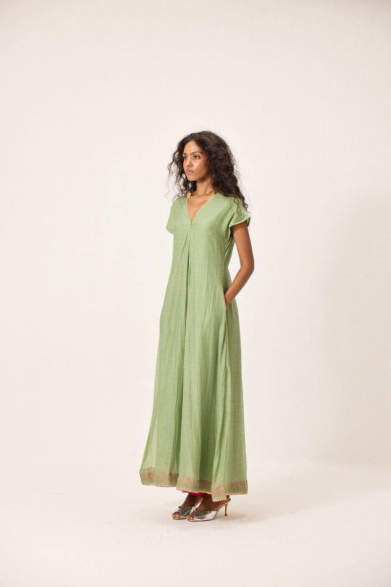Emma Jumpsuit chanderi mul by Khara Kapas in green for women Worldwide