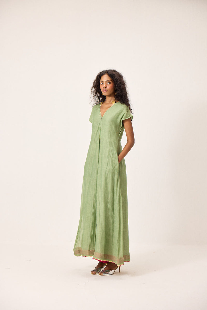 Emma Jumpsuit chanderi mul by Khara Kapas in green for women Worldwide