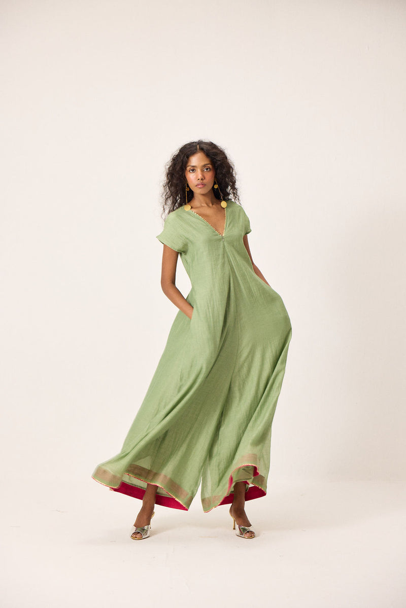 Emma Jumpsuit chanderi mul by Khara Kapas in green for women Worldwide