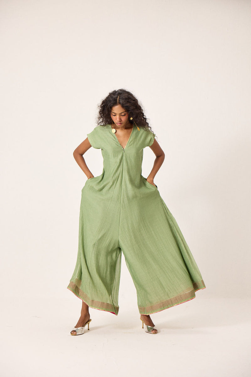 Emma Jumpsuit chanderi mul by Khara Kapas in green for women Worldwide
