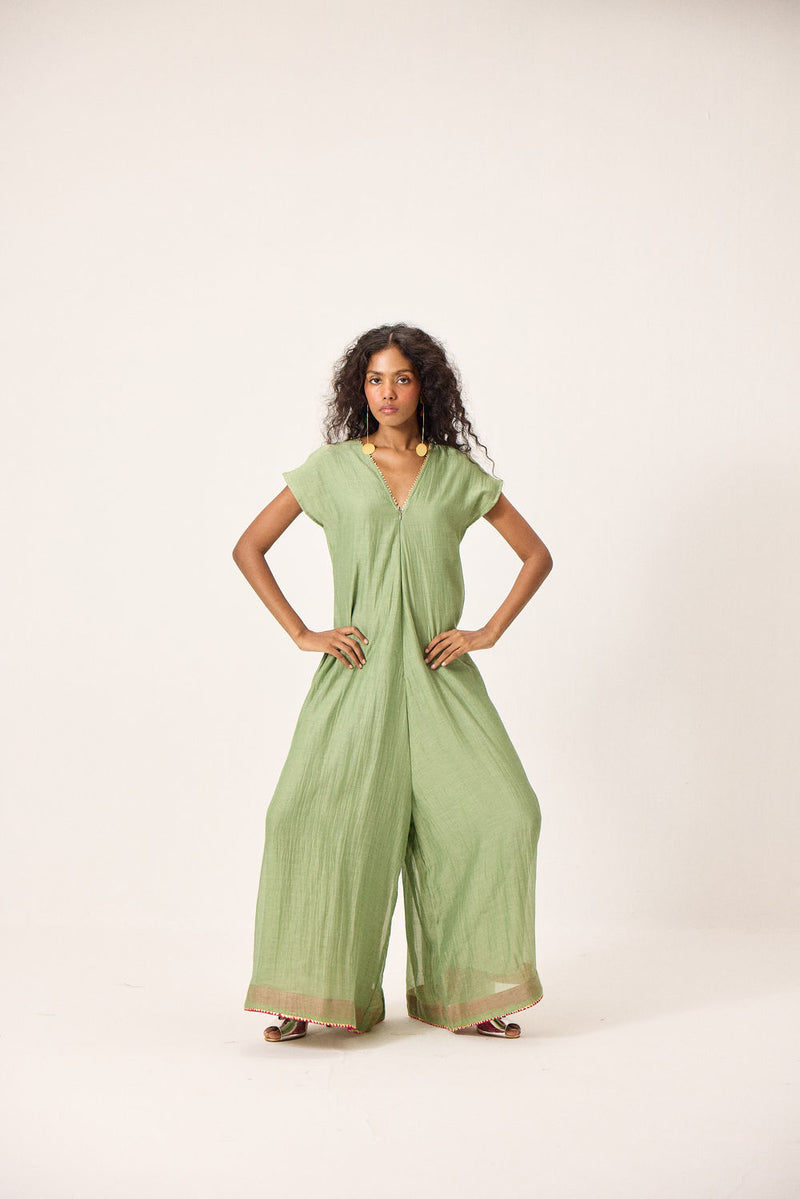 Emma Jumpsuit chanderi mul by Khara Kapas in green for women Worldwide