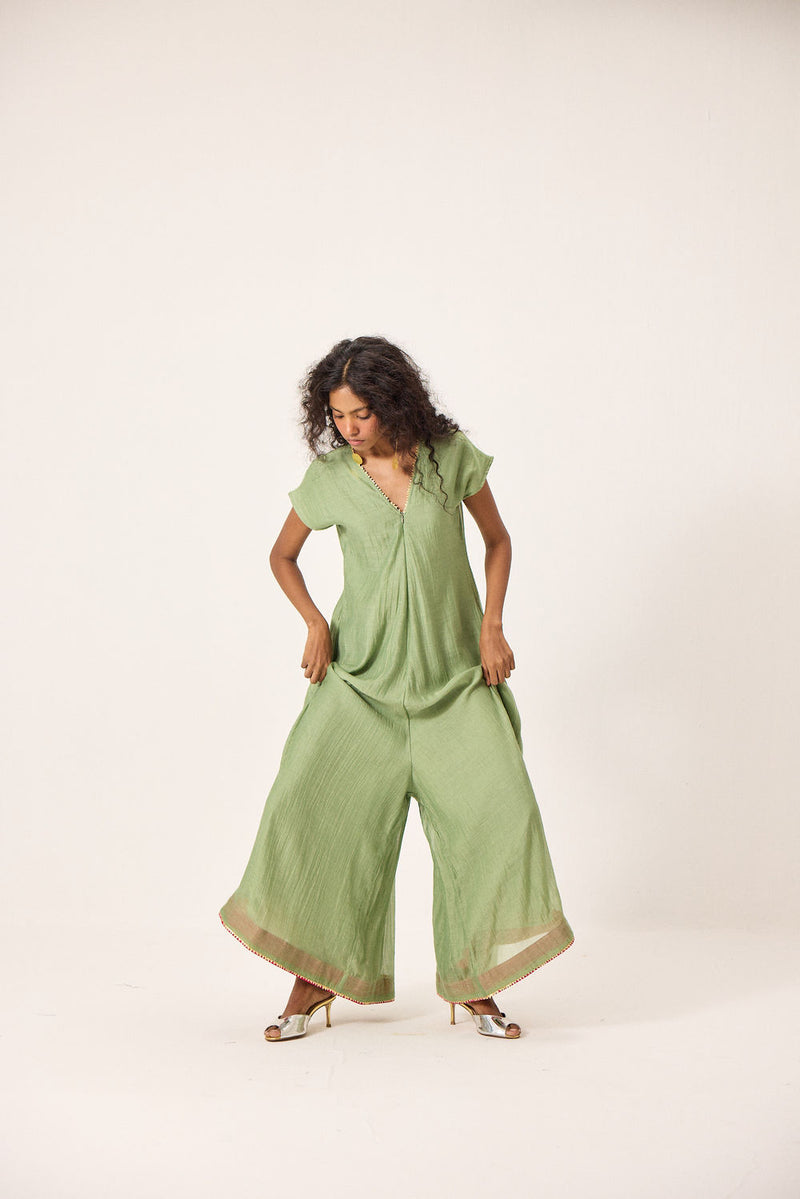 Emma Jumpsuit chanderi mul by Khara Kapas in green for women Worldwide