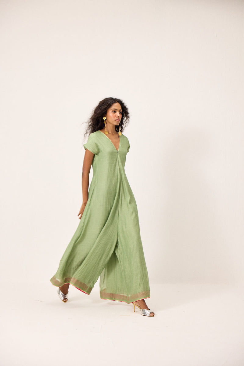 Emma Jumpsuit chanderi mul by Khara Kapas in green for women Worldwide
