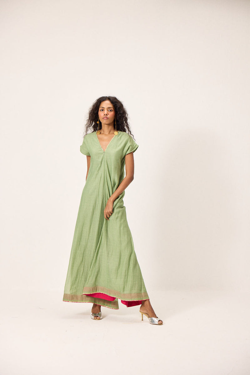 Emma Jumpsuit chanderi mul by Khara Kapas in green for women Worldwide