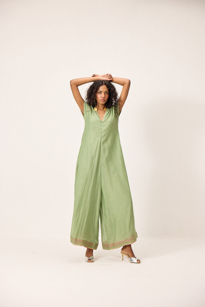 Emma Jumpsuit chanderi mul by Khara Kapas in green for women Worldwide