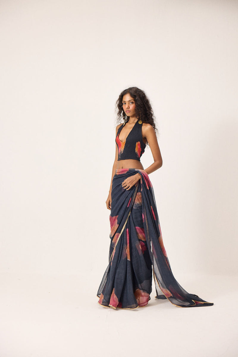 Cherine Saree kota doria by Khara Kapas in black for women Worldwide