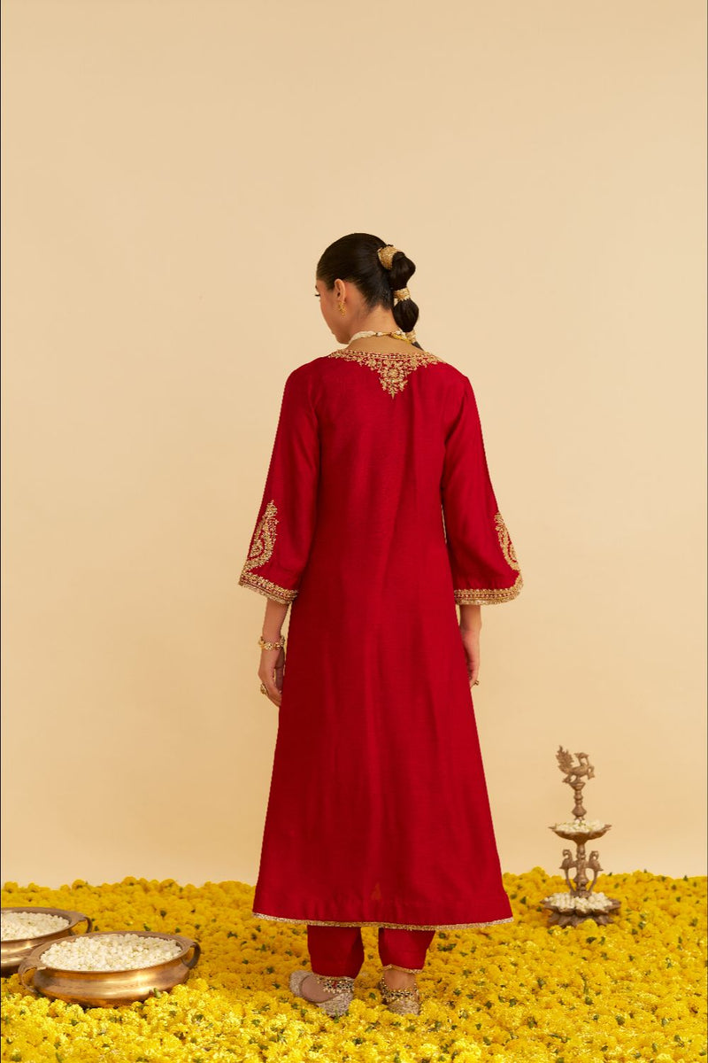 Haayat - Long Kaftan With Salwar-Deep Red silk by SHEETAL BATRA in red color for women Worldwide
