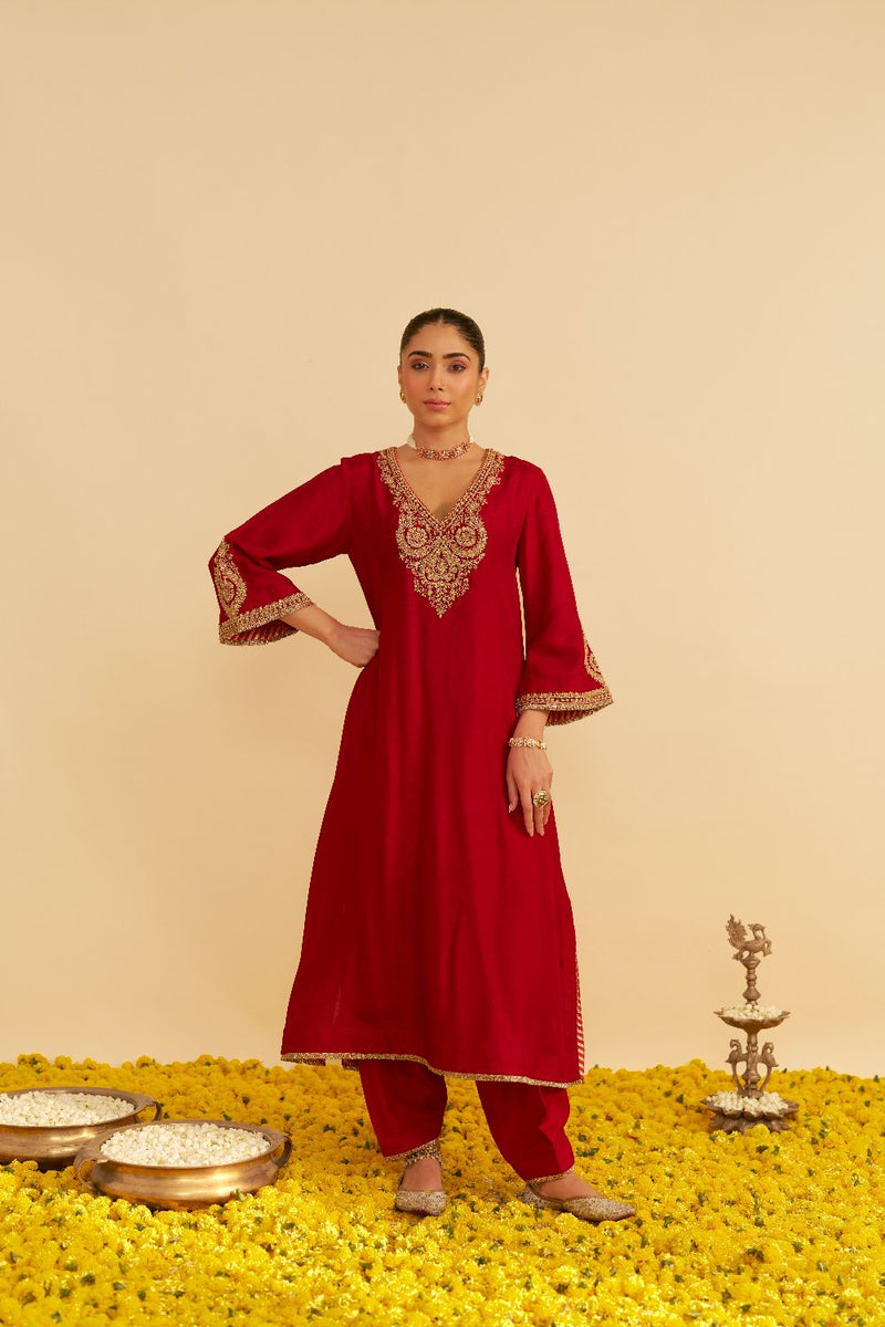 Haayat - Long Kaftan With Salwar-Deep Red silk by SHEETAL BATRA in red color for women Worldwide