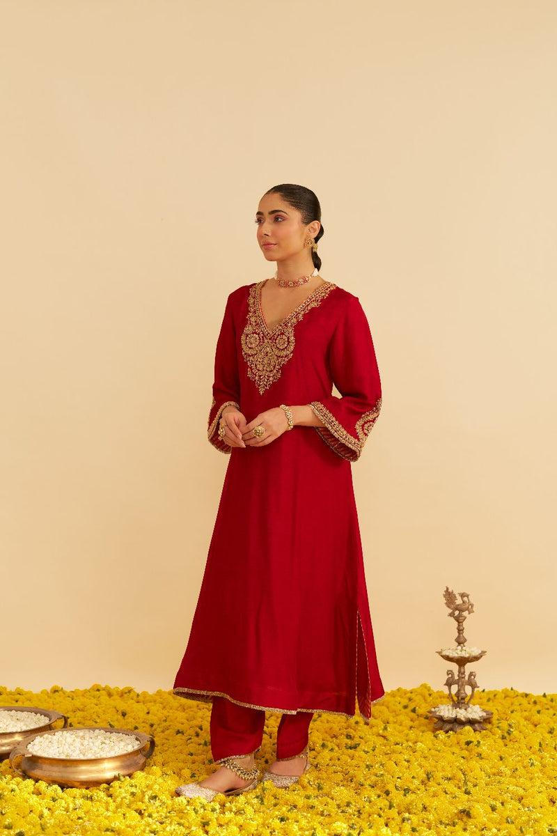 Haayat - Long Kaftan With Salwar-Deep Red silk by SHEETAL BATRA in red color for women Worldwide