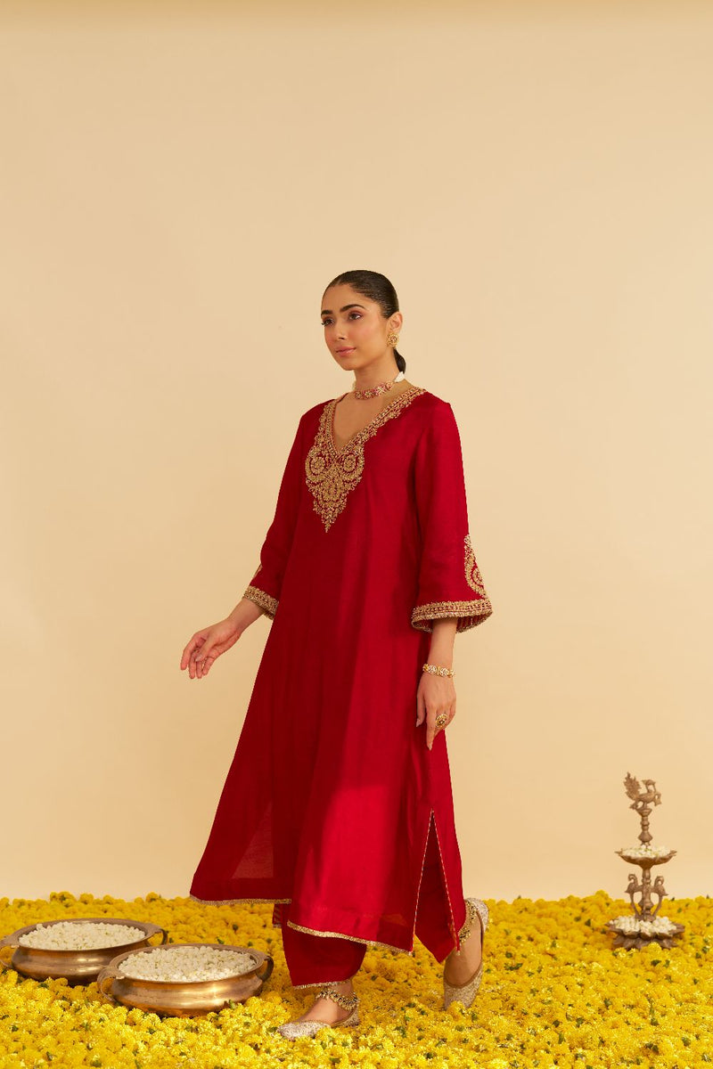 Haayat - Long Kaftan With Salwar-Deep Red silk by SHEETAL BATRA in red color for women Worldwide