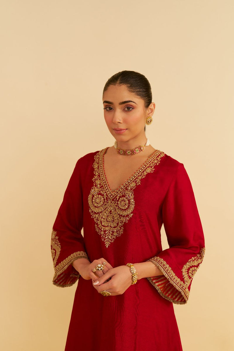Haayat - Long Kaftan With Salwar-Deep Red silk by SHEETAL BATRA in red color for women Worldwide
