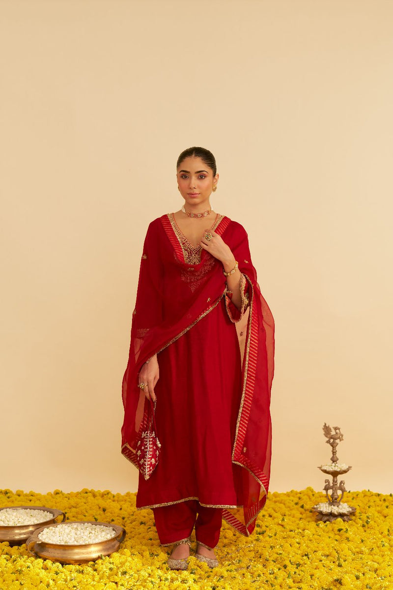 Haayat - Long Kaftan With Salwar-Deep Red silk by SHEETAL BATRA in red color for women Worldwide