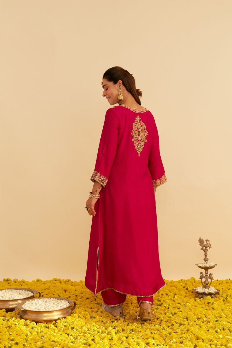 Hiba - Long Kaftan With Salwar-Hotpink silk by SHEETAL BATRA in pink color for women Worldwide