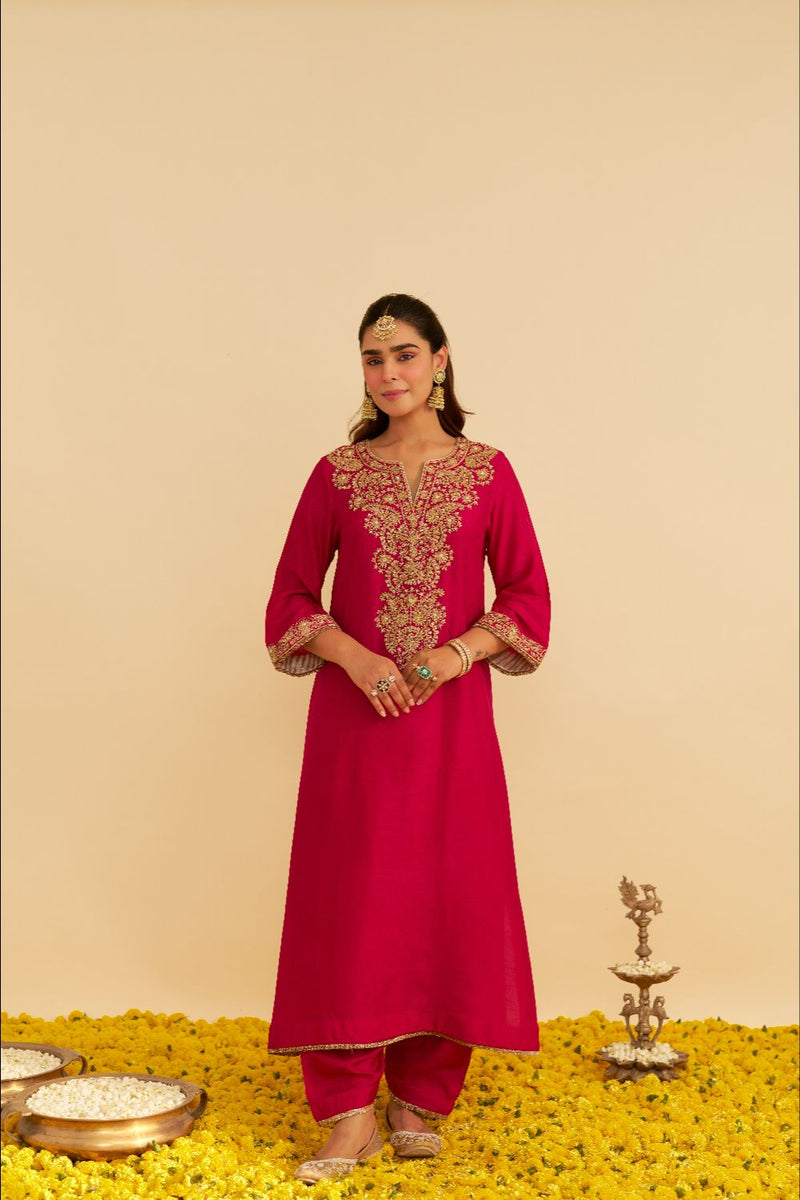 Hiba - Long Kaftan With Salwar-Hotpink silk by SHEETAL BATRA in pink color for women Worldwide