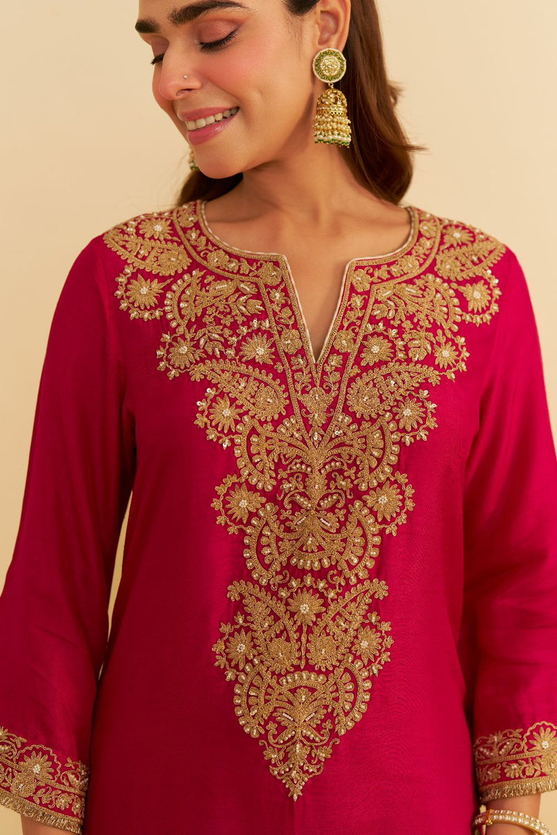 Hiba - Long Kaftan With Salwar-Hotpink silk by SHEETAL BATRA in pink color for women Worldwide