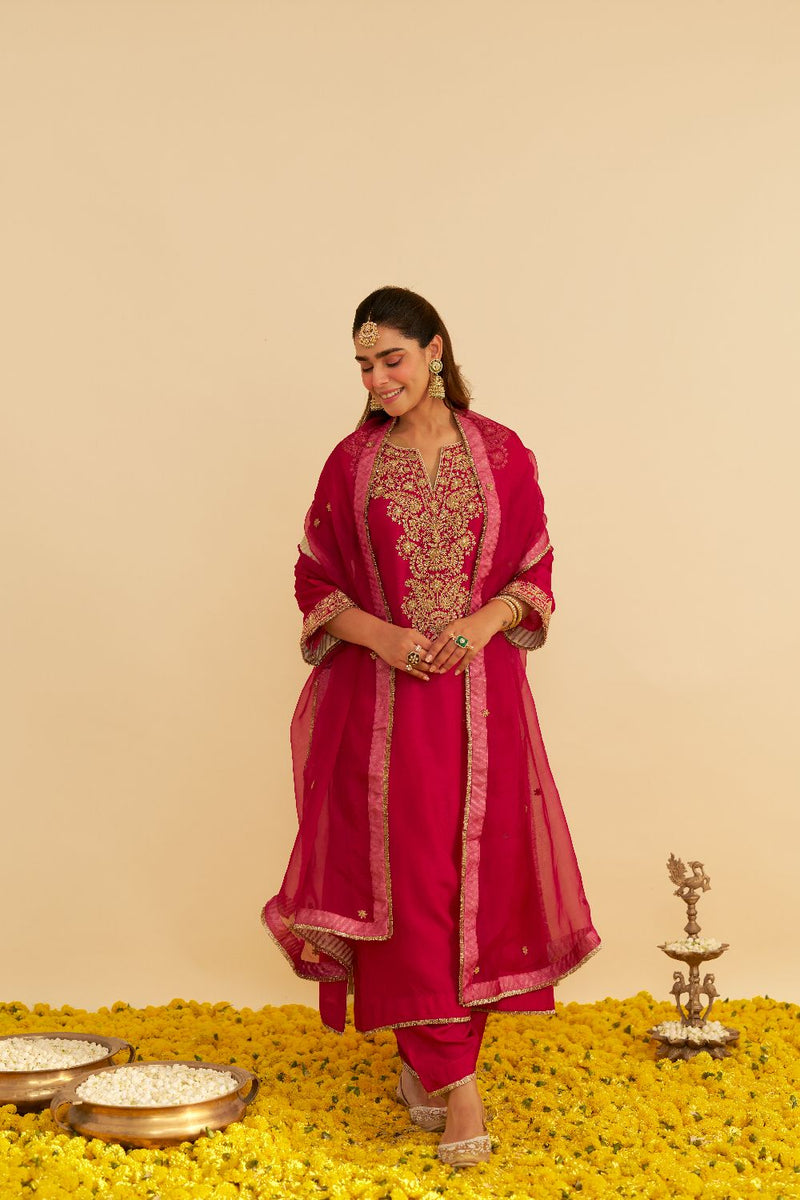Hiba - Long Kaftan With Salwar-Hotpink silk by SHEETAL BATRA in pink color for women Worldwide