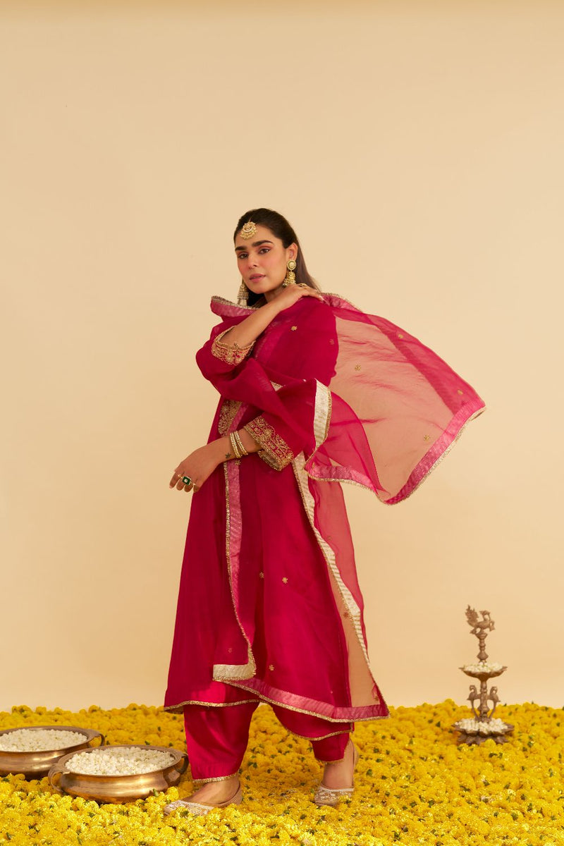 Hiba - Long Kaftan With Salwar-Hotpink silk by SHEETAL BATRA in pink color for women Worldwide