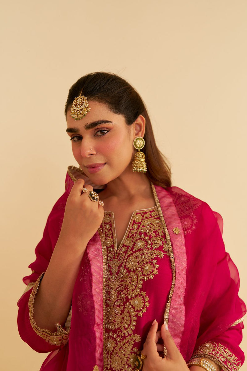 Hiba - Long Kaftan With Salwar-Hotpink silk by SHEETAL BATRA in pink color for women Worldwide