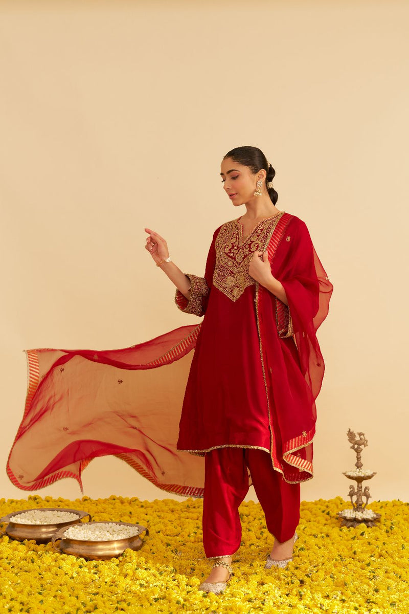Mehza - Short Chauga With Salwar-Deep Red silk by SHEETAL BATRA in red color for women Worldwide
