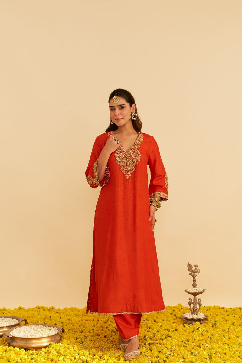 Haayat - Long Kaftan With Salwar-Burnt Orange silk by SHEETAL BATRA in orange color for women Worldwide