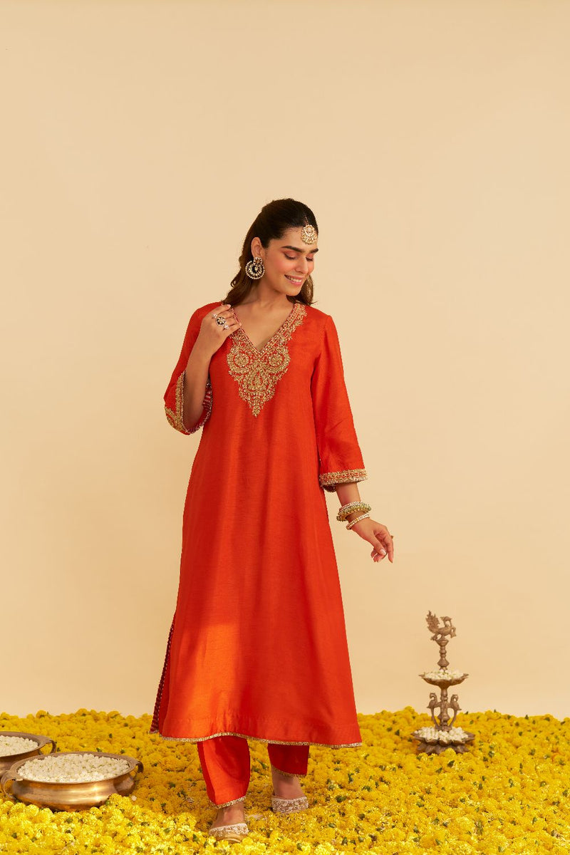 Haayat - Long Kaftan With Salwar-Burnt Orange silk by SHEETAL BATRA in orange color for women Worldwide