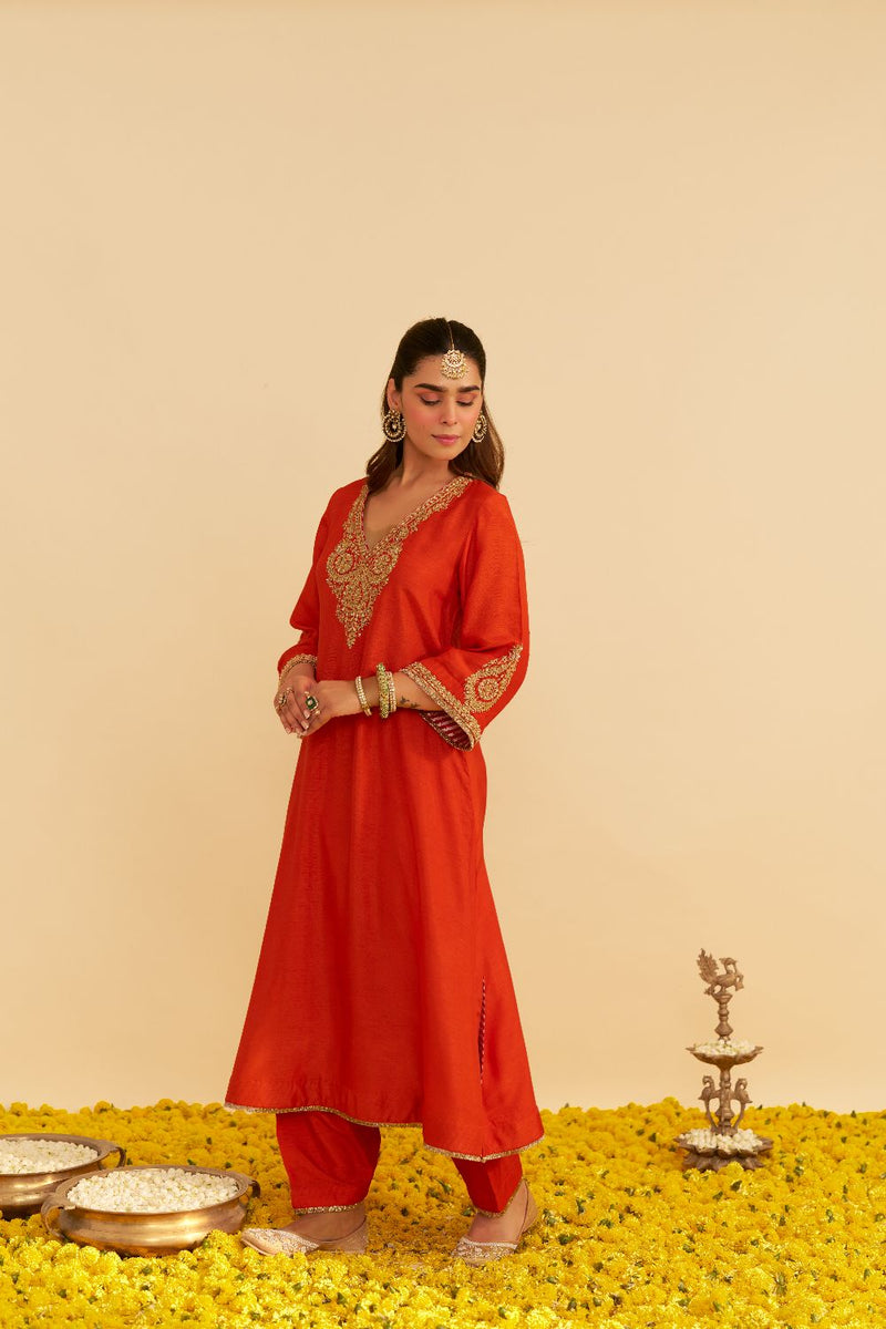Haayat - Long Kaftan With Salwar-Burnt Orange silk by SHEETAL BATRA in orange color for women Worldwide