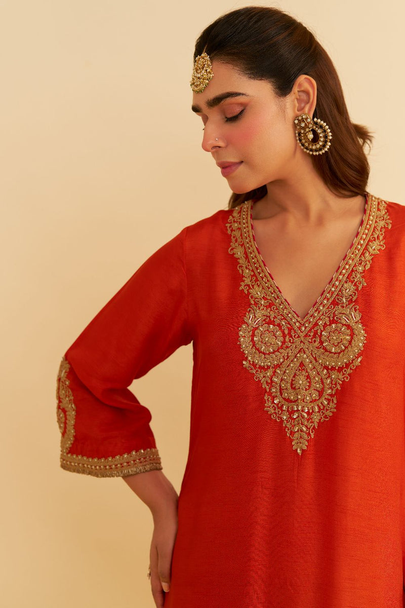 Haayat - Long Kaftan With Salwar-Burnt Orange silk by SHEETAL BATRA in orange color for women Worldwide