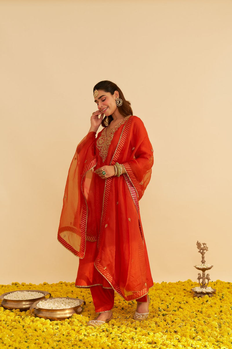 Haayat - Long Kaftan With Salwar-Burnt Orange silk by SHEETAL BATRA in orange color for women Worldwide