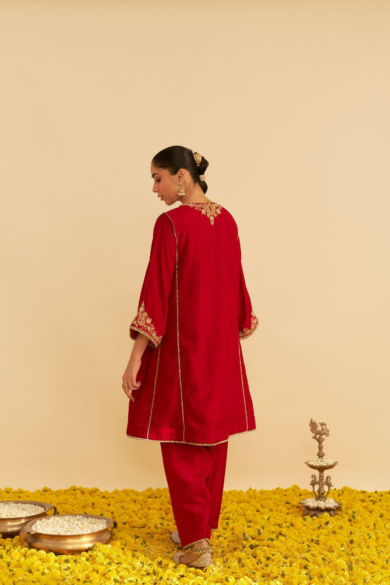 Ayra - Short Chauga With Salwar-Deep Red silk by SHEETAL BATRA in red color for women Worldwide