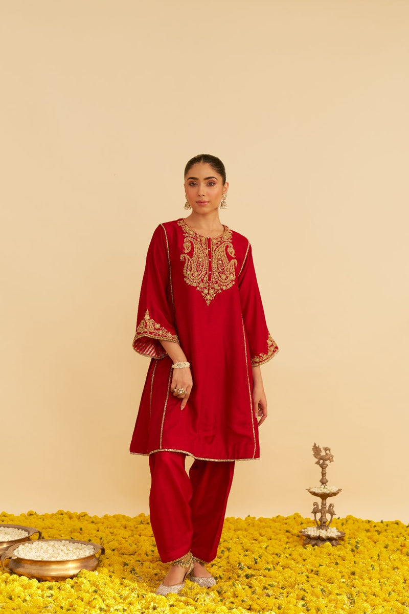 Ayra - Short Chauga With Salwar-Deep Red silk by SHEETAL BATRA in red color for women Worldwide