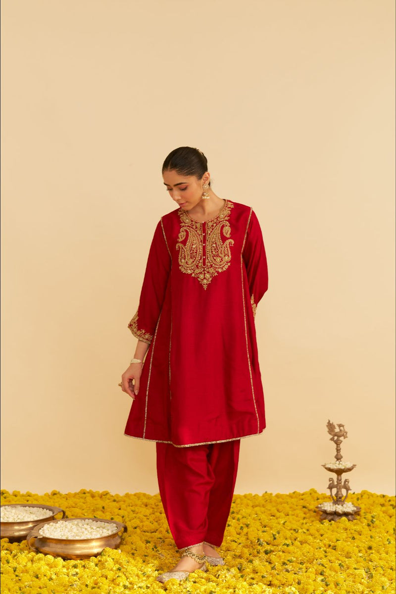 Ayra - Short Chauga With Salwar-Deep Red silk by SHEETAL BATRA in red color for women Worldwide