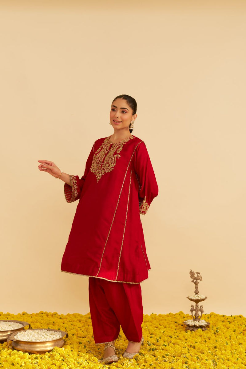 Ayra - Short Chauga With Salwar-Deep Red silk by SHEETAL BATRA in red color for women Worldwide