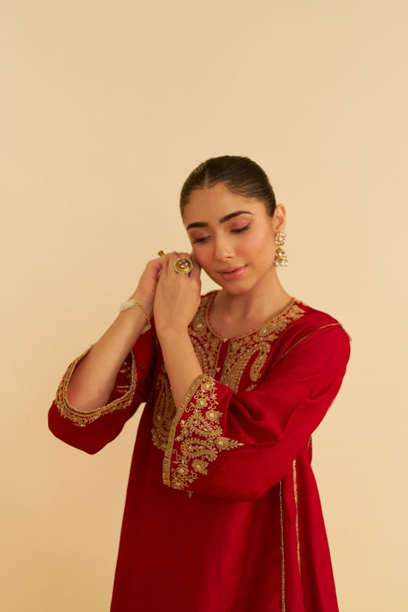 Ayra - Short Chauga With Salwar-Deep Red silk by SHEETAL BATRA in red color for women Worldwide