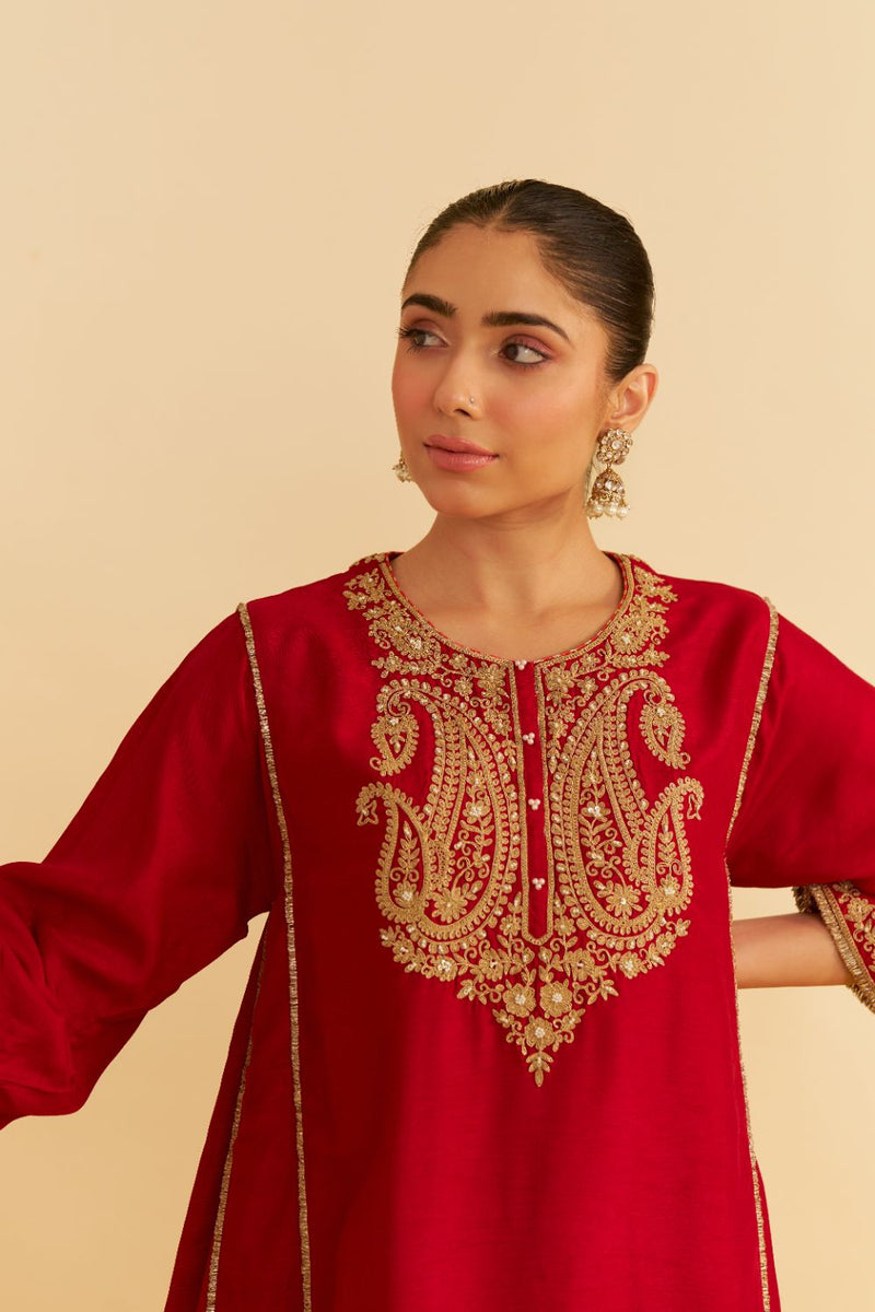 Ayra - Short Chauga With Salwar-Deep Red silk by SHEETAL BATRA in red color for women Worldwide