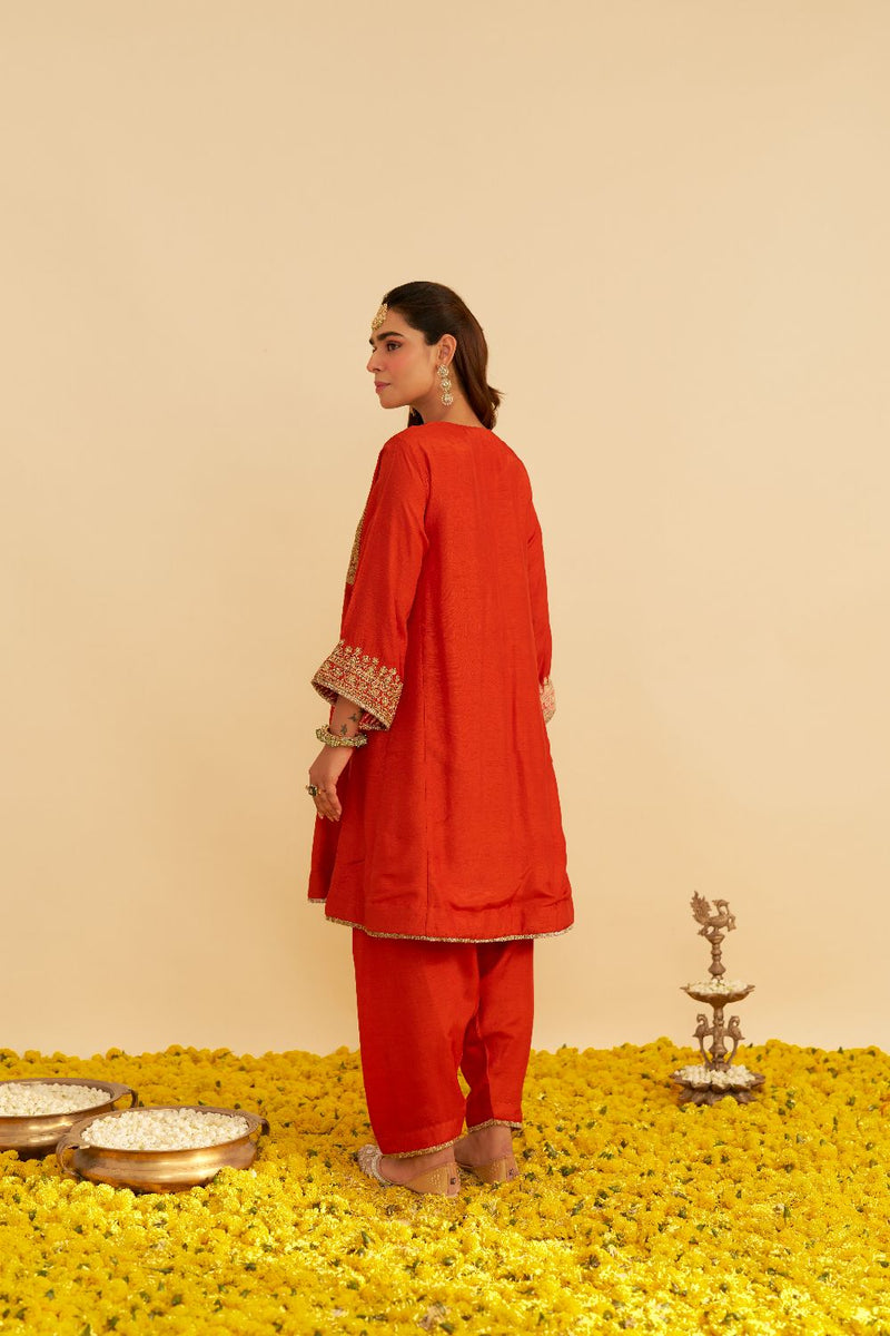 Mehza - Short Chauga With Salwar-Burnt Orange silk by SHEETAL BATRA in orange color for women Worldwide
