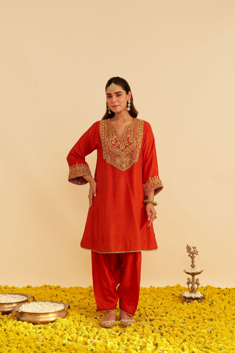 Mehza - Short Chauga With Salwar-Burnt Orange silk by SHEETAL BATRA in orange color for women Worldwide
