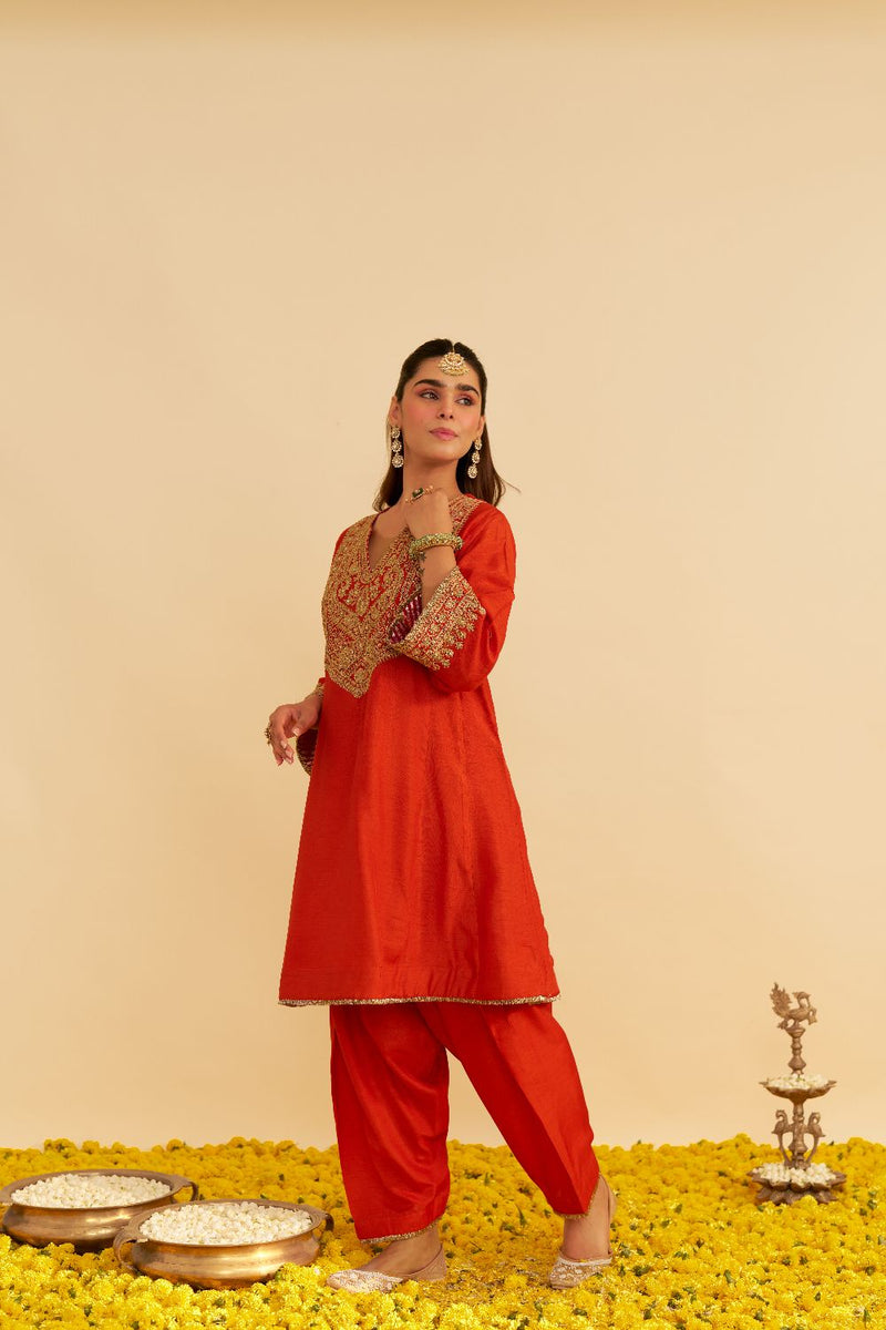 Mehza - Short Chauga With Salwar-Burnt Orange silk by SHEETAL BATRA in orange color for women Worldwide