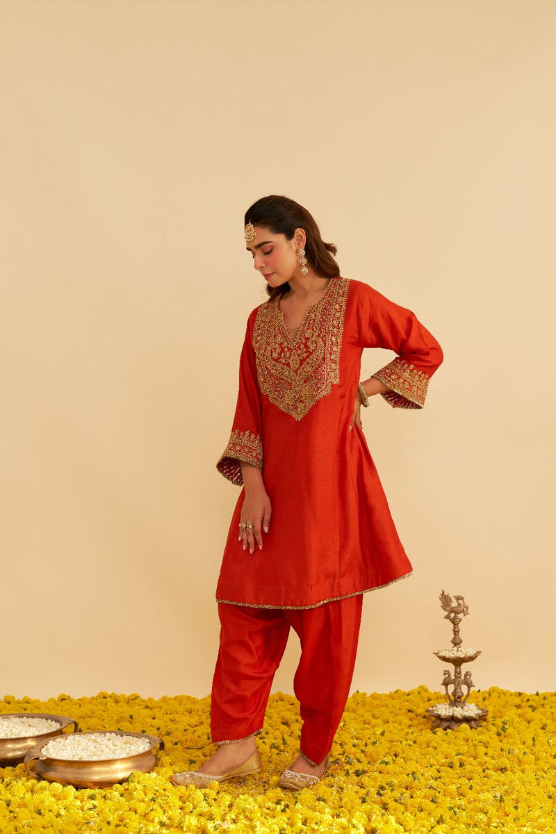 Mehza - Short Chauga With Salwar-Burnt Orange silk by SHEETAL BATRA in orange color for women Worldwide