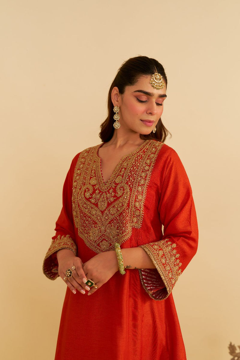Mehza - Short Chauga With Salwar-Burnt Orange silk by SHEETAL BATRA in orange color for women Worldwide