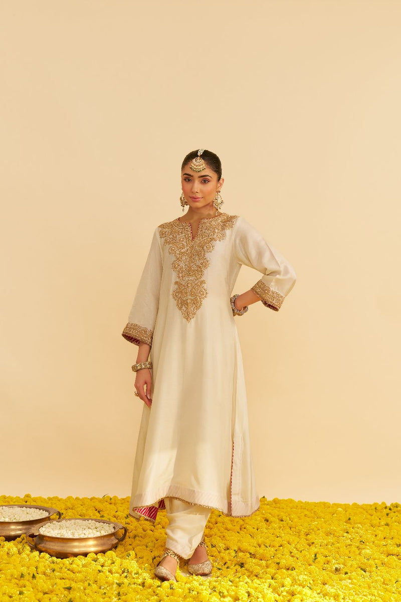 Hiba - Long Kaftan With Salwar-Daisy Ivory silk by SHEETAL BATRA in ivory color for women Worldwide