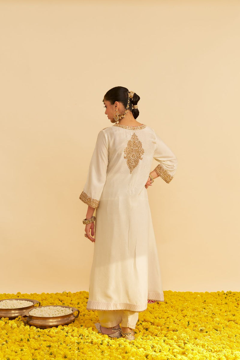 Hiba - Long Kaftan With Salwar-Daisy Ivory silk by SHEETAL BATRA in ivory color for women Worldwide