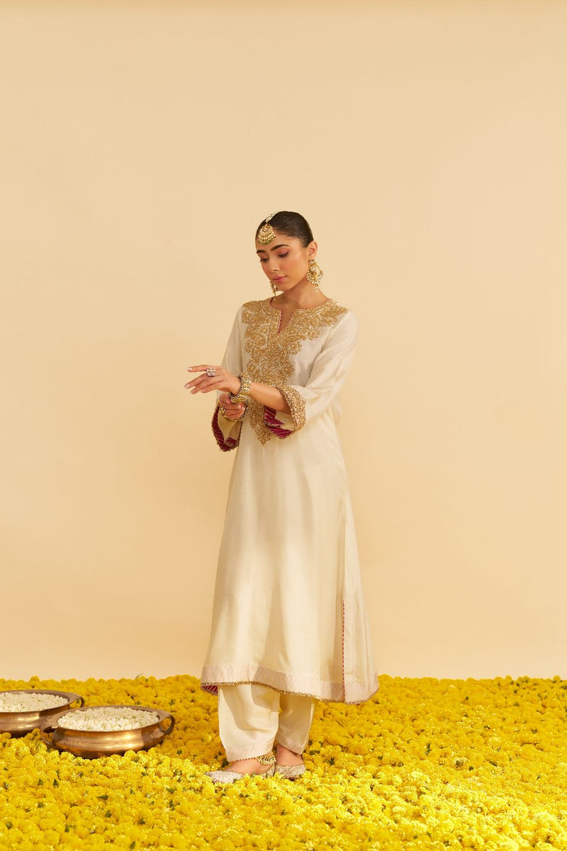 Hiba - Long Kaftan With Salwar-Daisy Ivory silk by SHEETAL BATRA in ivory color for women Worldwide