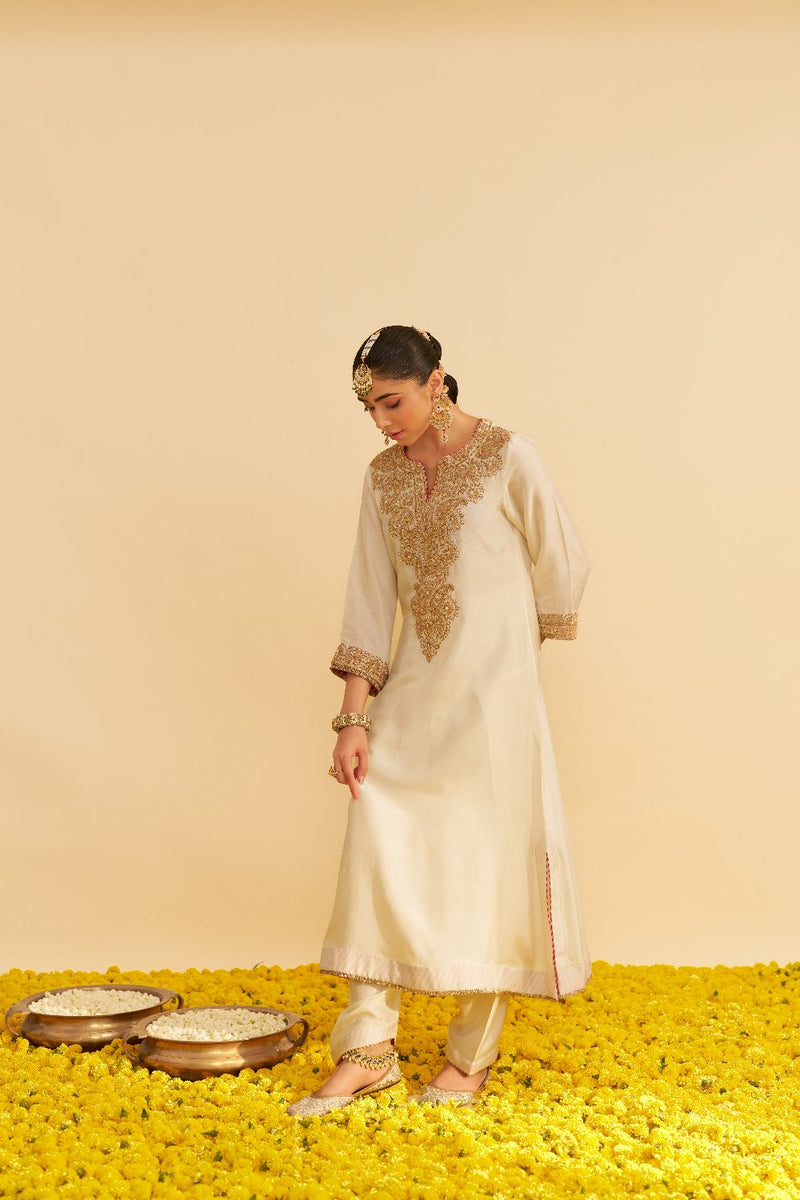Hiba - Long Kaftan With Salwar-Daisy Ivory silk by SHEETAL BATRA in ivory color for women Worldwide
