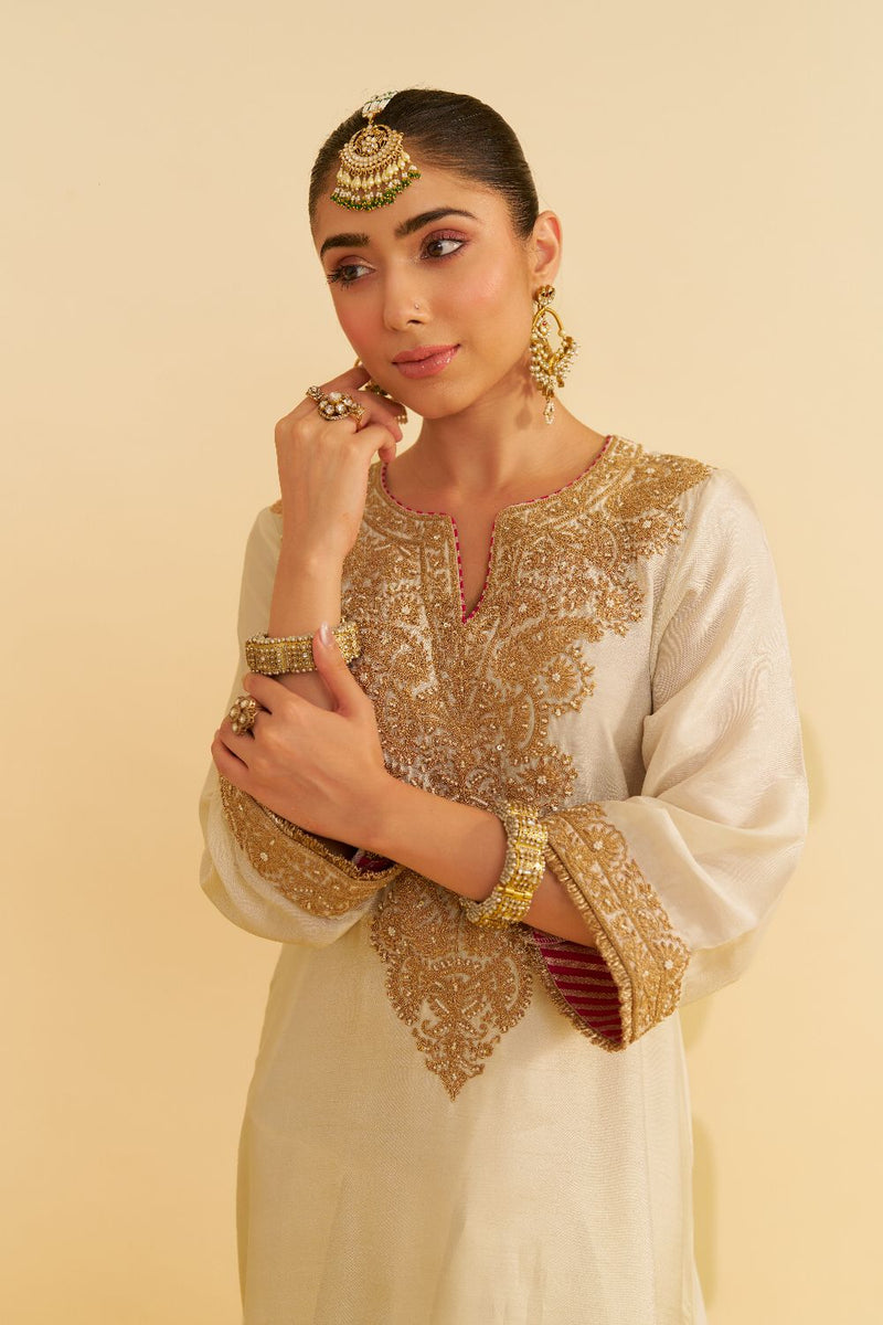 Hiba - Long Kaftan With Salwar-Daisy Ivory silk by SHEETAL BATRA in ivory color for women Worldwide