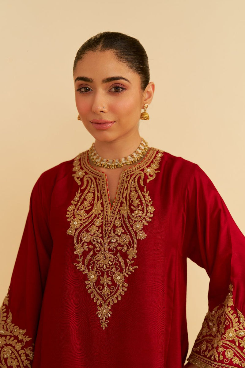 Marwa - Short Chauga With Salwar-Deep Red silk by SHEETAL BATRA in red color for women Worldwide