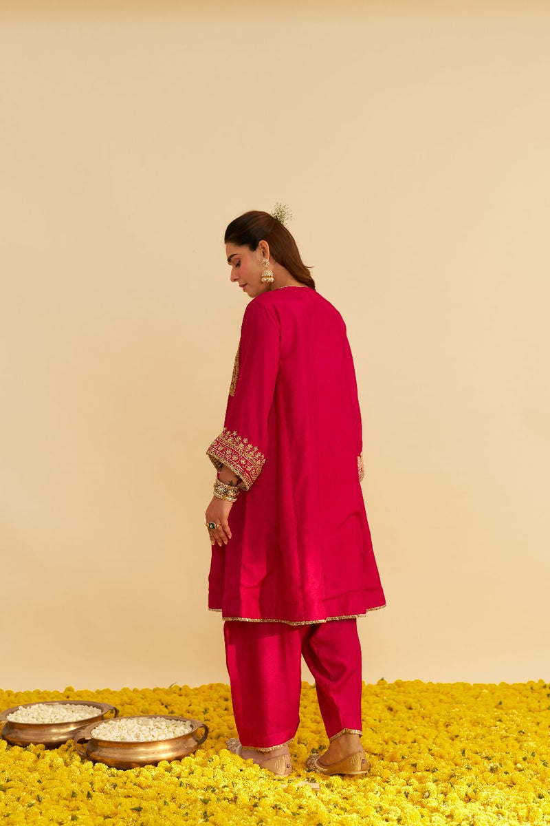 Mehza - Short Chauga With Salwar-Hotpink silk by SHEETAL BATRA in pink color for women Worldwide