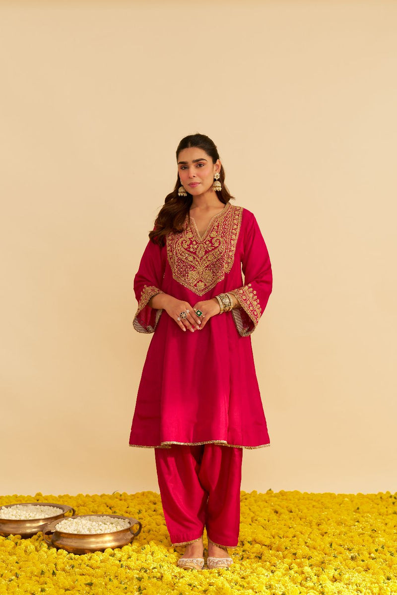 Mehza - Short Chauga With Salwar-Hotpink silk by SHEETAL BATRA in pink color for women Worldwide