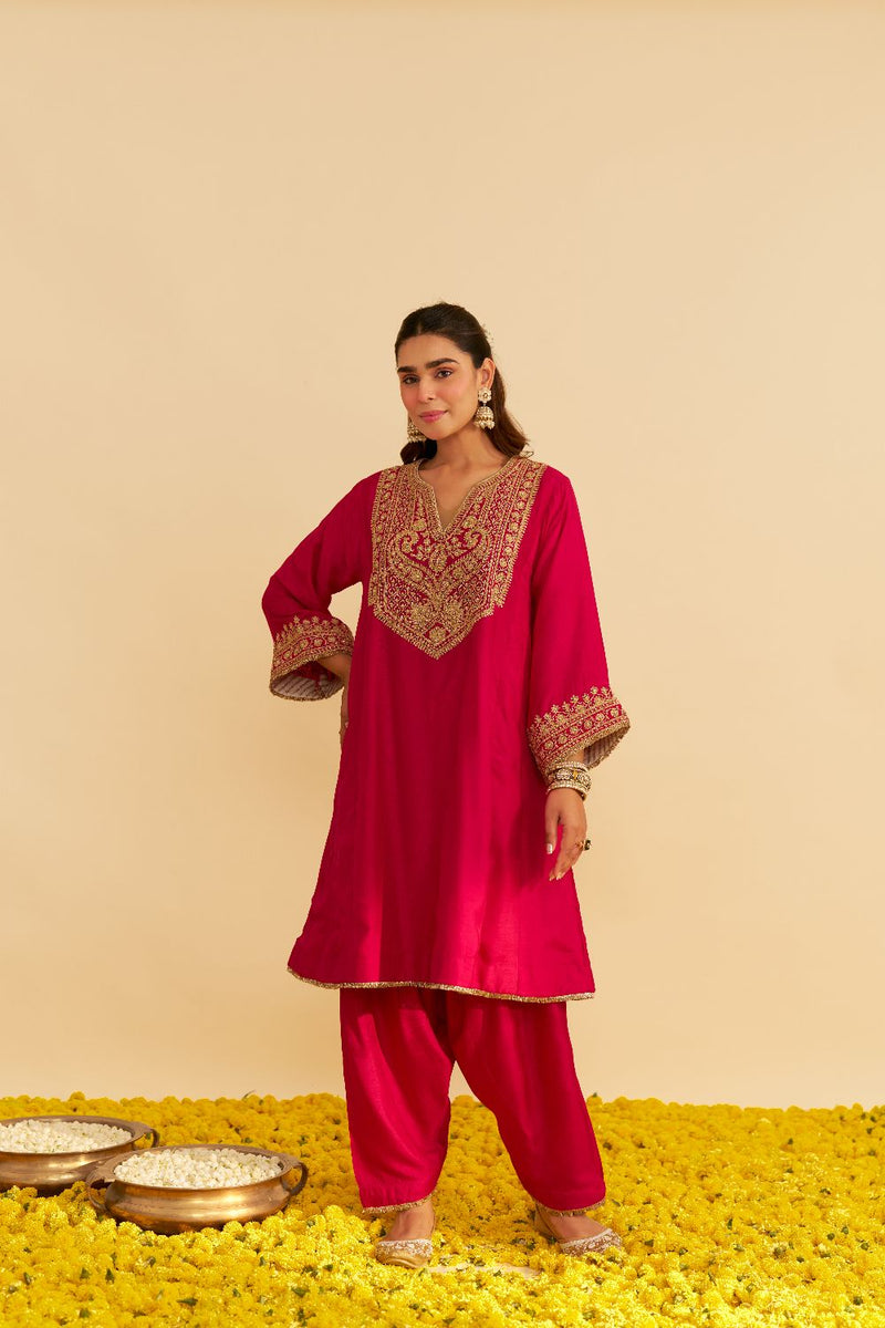 Mehza - Short Chauga With Salwar-Hotpink silk by SHEETAL BATRA in pink color for women Worldwide