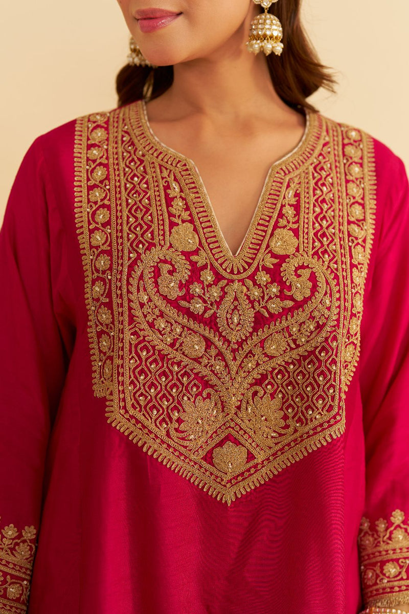Mehza - Short Chauga With Salwar-Hotpink silk by SHEETAL BATRA in pink color for women Worldwide