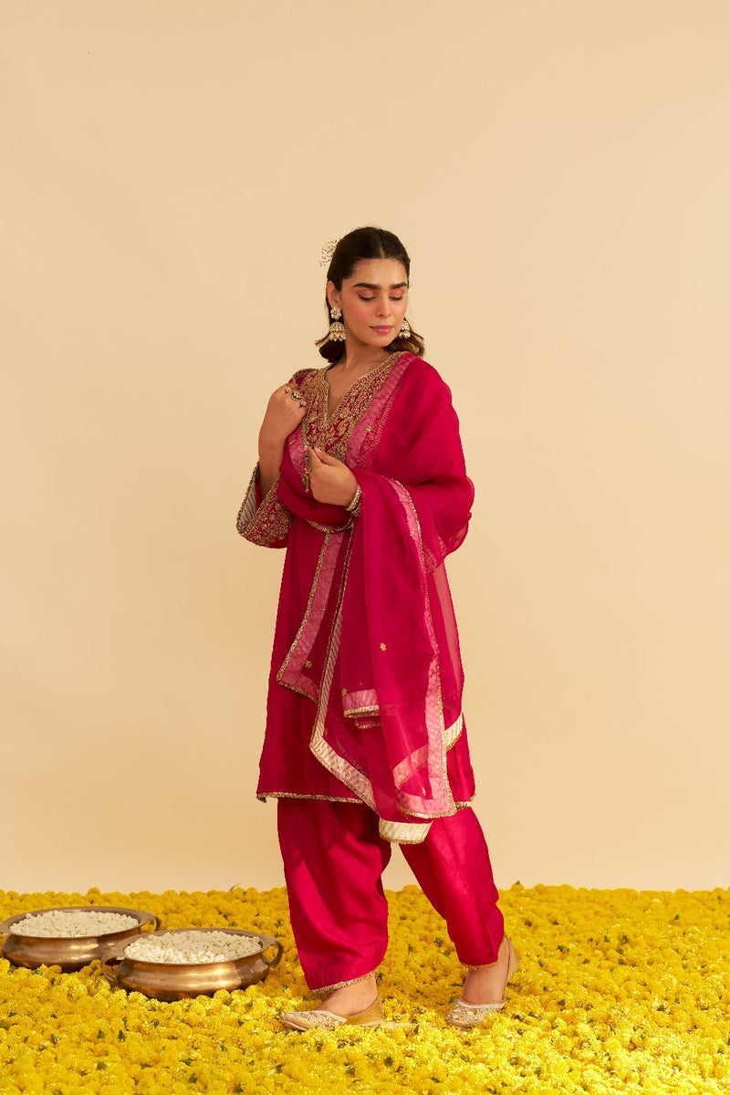 Mehza - Short Chauga With Salwar-Hotpink silk by SHEETAL BATRA in pink color for women Worldwide